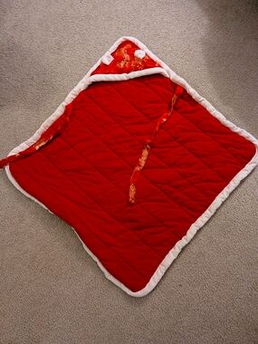 Chinese Red And Gold Quilted Baby Blanket with White Trim And Bear Ears